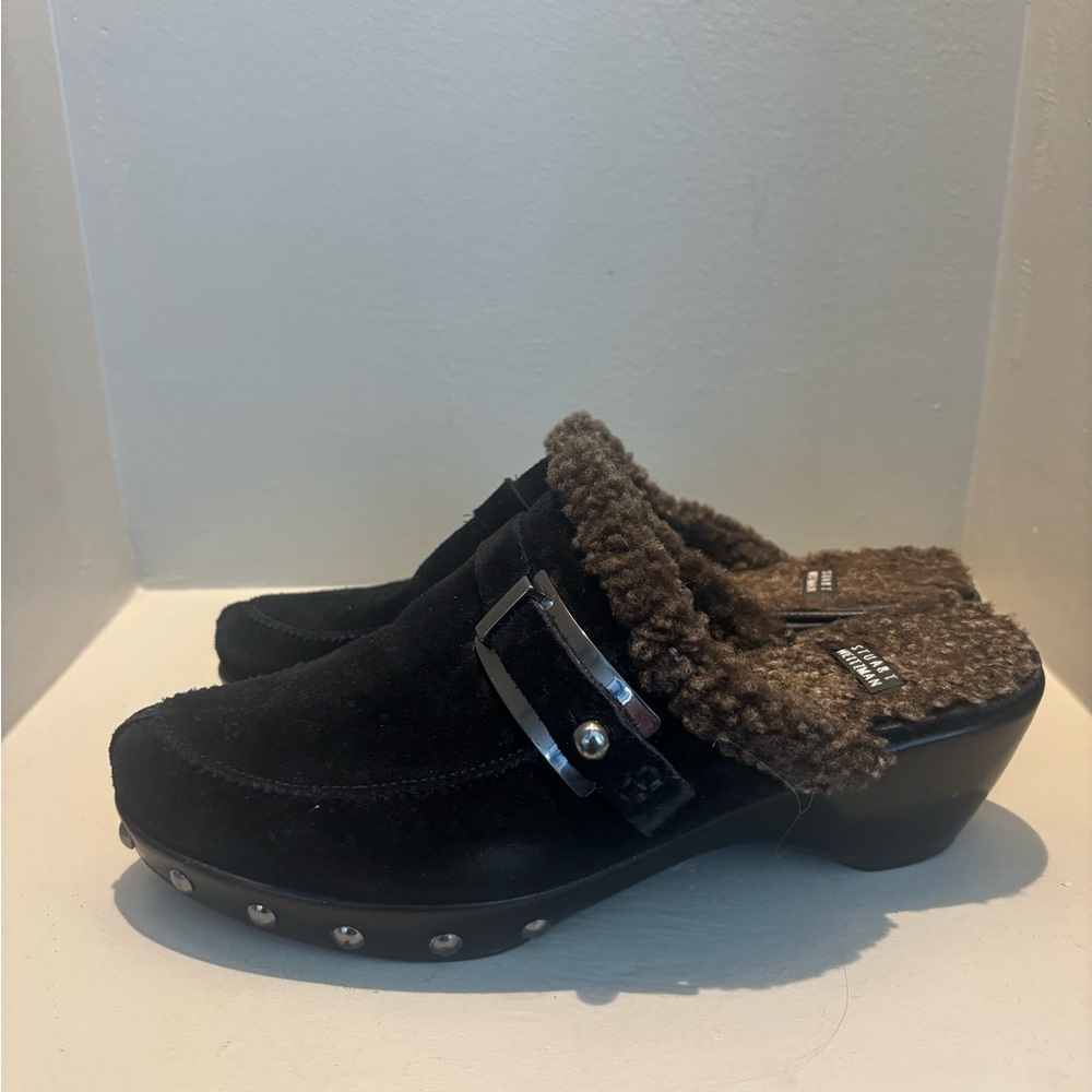 Stuart Weitzman black suede:brown Sherpa lined clog mile slip on fall winter 8M